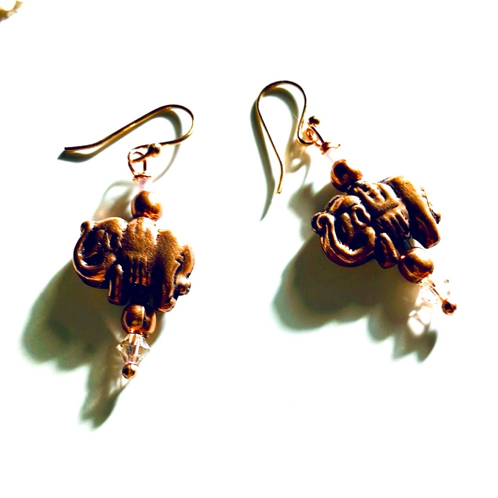 Artisan Copper and Pink Elephant Earrings